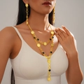 Vintage gold layered necklace and long pendant earrings set with black circular drops - Gold/Black