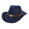 Dark blue wool western cowboy hat with leather band and silver bull head ornament - M (56-58cm) / Navy Blue