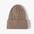 Winter coffee brown ribbed knit beanie hat with wide folded cuff for women - Khaki (20B119B)