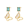 Goldene Schmetterlingsohrringe mit blauem Zirkon und Perlmutt-Anhängern - Blauer Strass