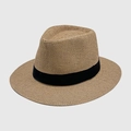 Panama style straw sun hat in natural brown with a black ribbon decorative band - Khaki