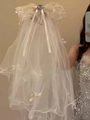 Short white bridal veil with layers of pearls, small bows and a large top bow ornament - White Rhinestone Bow Veil