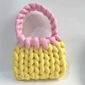 Handmade chunky knit bag in pink and yellow color block design with top handle - Light Yellow + Pink