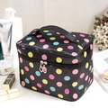 Large black satin cosmetic bag with colorful polka dots and convenient top handle - Black with Colorful Dots