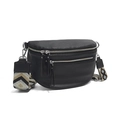Black pebble leather sling bag with wide geometric patterned jacquard strap for women - Black