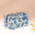 Transparente PVC-Kosmetiktasche mit blauen Schmetterlingsdrucken und blauem Reißverschluss - Blauer Schmetterling / 18x9x9.5cm