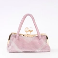 Pochette da sera rosa con strass, cornice in metallo dorato e chiusura con perle di cristallo - Rosa