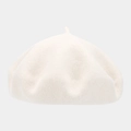 Close-up of the thick warm wool texture and stitching on the off-white beret hat - White