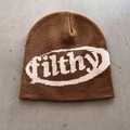 Macro detail of brown beanie featuring high-density jacquard knit filthy logo - One Size (54-59cm) / Coffee