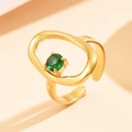 Adjustable gold plated open ring featuring a green oval zircon with hollow baroque design - Gold with Dark Green Stone