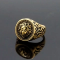 Vintage golden lion head stainless steel ring for men with black Greek fret details - US 7 / Gold