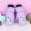 Purple winter ski mittens for kids 3-10 featuring a cute cartoon dinosaur pattern - One Size / Purple Dinosaur / 5-8 Years