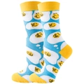 Detailed view of blue crew socks featuring fried egg patterns with yellow heel and toe - Size 35-42 / Cat Egg