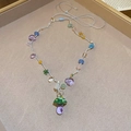 Colorful beaded necklace with green mushroom pendant for sweet summer vacation style - Green Hand-Woven Pearl Mushroom Pendant Necklace