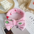 Pink coral fleece headband with strawberry pattern and soft plush bow for face washing - Print 3
