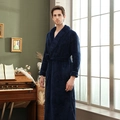 Navy blue thick flannel long robe for men with honeycomb texture and belted waist - Navy Blue Men