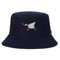 Detail of goose with knife embroidery on navy blue cotton canvas bucket hat - Adjustable / Navy Blue