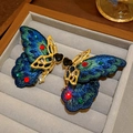 Handcrafted vintage butterfly earrings with blue green embroidery and crystal accents - 46# Silver Pin-Gold-Blue-Green