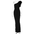 Detailed view of the feather embellishment on the black one-shoulder evening gown - S / Black