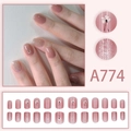Unghie finte corte quadrate rosa con disegni floreali fatti a mano e glitter sfumati - Stile Fiore Bianco Scintillante Rosa Trasparente (A774)