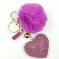 Purple faux fur pompom keychain with pink rhinestone heart and golden hardware - Purple