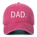 Macro view of washed cotton fabric and white DAD embroidery on a rose pink baseball cap - One Size / Rose Red