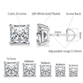 Square cubic zirconia stud earrings in 18K white gold plating with screw back design - 4-Prong Square Style / 3-7mm / White Gold