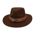 Detail of dark brown wool felt cowboy hat with silver bull head buckle and studded band - One Size / Coffee (Diamond Bull)