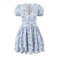 Blue floral V-neck dress with puff sleeves and layered skirt in a minimalist style - S / Floral