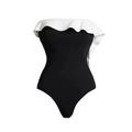 Detail of elegant black one-piece swimsuit featuring large white ruffle neckline accents - S / One-Piece Swimsuit