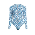 Détail d'un maillot de bain à manches longues avec imprimé marin et zip doré - S / Maillot de bain une pièce