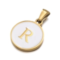 Golden round pendant with letter R in white enamel for DIY necklaces and earrings - Letter R
