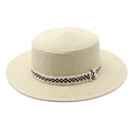 Détail du chapeau de paille beige avec ruban à damier et bordure effilochée - M (56-58cm) / Poche zippée