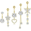 5-piece gold belly button ring set with heart and butterfly zircon charms on white background - Gold