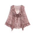 Lichtpaarse chiffon blouse met slangenprint, ruches en vetersluiting bij de halslijn - XS / Roze paarse slangenprint