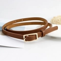 Slim dark brown leather belt for women with elegant light gold rectangular buckle - Camel