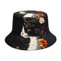 Modieuze zwarte vissershoed met artistieke kattenkop en bloemrijke illustraties - M (56-58cm) / Kattenpatroon