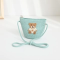 Detail of mint green straw crossbody bag with a cute bear patch and zipper for children - 48-52cm / Woven Crossbody Bag / Green
