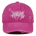 Close-up of distressed rose pink baseball cap with white 3D embroidery and worn edges - Rose Red