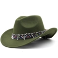 Détail du chapeau de cow-boy en laine vert forêt avec broderie ethnique et feuilles argentées - Vert Militaire