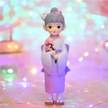 Japanese style purple kimono girl figurine with pink flowers and fox mask ornament - Style 1136-4 Holding Flower Small