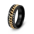 Men's titanium steel spinner ring featuring black gear edges and golden Cuban link inlay - Black Ring + Gold Chain