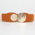 Detail of elastic waist belt with brown textured band and golden circular metal discs - Camel