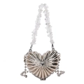 Mini heart-shaped silver metal bag with pleated texture and clear beaded handle - Silver Radial Texture With Transparent Bead Handle