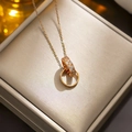 Titanium steel interlocking double ring necklace with rose gold finish and crystals - 8976 Rose Gold Double Ring