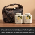 Hand-painted ceramic tea jars with rabbit motif and gold floral carrying bag - 2pcs Square Tea Canisters + Storage Bag Set
