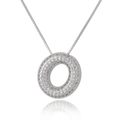 Detailed view of silver micro-pave circle pendant with white cubic zirconia crystals - Letter O