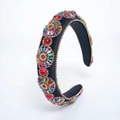 Cerchietto barocco imbottito con strass colorati e accenti dorati su tessuto nero - Base Dorata Gemme Colorate / Multicolore