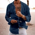 Men's navy blue linen long sleeve casual shirt with button-down collar for beach wear - S / Navy Blue