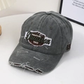 Detail of vintage washed gray baseball cap with distressed brim and 1968 embroidery - Dark Gray